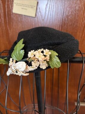 Vintage Black Floral Embellished Hat- Women's Accessory